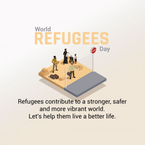Isometric illustration depicting refugees with the text 'World Refugees Day' and a message of support.