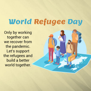 Illustration depicting refugees with the text 'World Refugee Day' and a message about recovery and support.