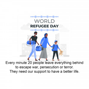 Illustration of a family carrying belongings, representing refugees.