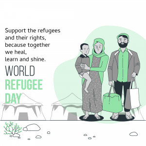 Illustration of a refugee family with the text 'Support the refugees because together we heal, learn and shine. World Refugee Day'