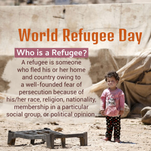 Image depicting a young child in a refugee camp with text explaining the definition of a refugee.