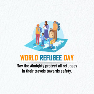 Illustration depicting a family of refugees with a map in the background and text 'World Refugee Day'