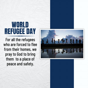 Image commemorating World Refugee Day with a silhouette of refugees walking towards the sunset.
