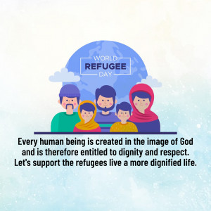 Illustration depicting a diverse family in front of a world map with text 'World Refugee Day' and a message about human dignity.
