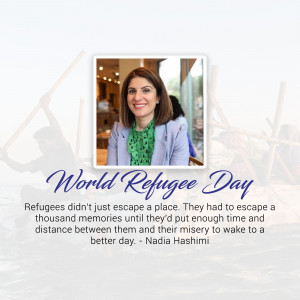 Image commemorating World Refugee Day featuring Nadia Hashimi and a quote about refugees.
