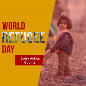 A young child stands in a refugee camp with the text 'World Refugee Day' and 'Every Action Counts' displayed.