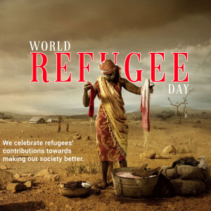 A woman in traditional clothing stands in a refugee camp, representing World Refugee Day.