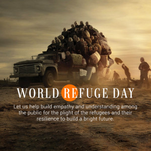 Image depicting refugees traveling with their belongings, promoting World Refugee Day.