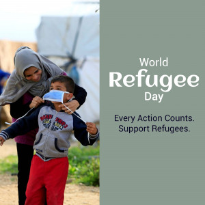 A woman helping a young child put on a face mask, with text reading 'World Refugee Day - Every Action Counts. Support Refugees.'