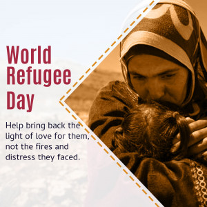 A mother in a hijab embracing her child, promoting World Refugee Day.