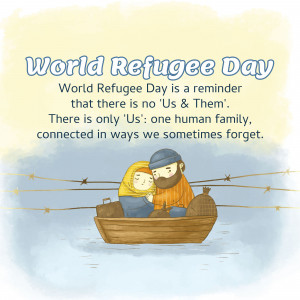 Illustration depicting a mother and child in a boat with the text 'World Refugee Day' and a message about unity.