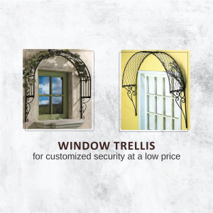 Two window trellises, one installed over a window and one standalone, with text 'WINDOW TRELLIS'