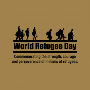 Silhouette of refugees walking with text 'World Refugee Day' and a commemorative message.