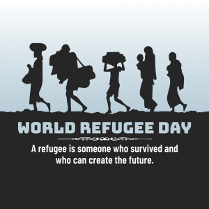 Silhouette of refugees walking with belongings, with the text 'World Refugee Day' and a message of hope.