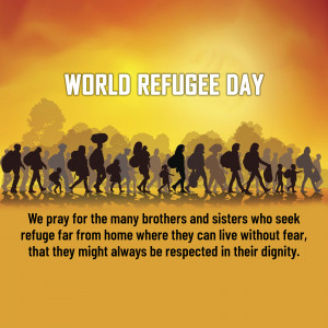 Silhouettes of refugees walking towards the sunset with the text 'World Refugee Day'