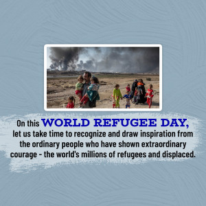 Image depicting a refugee family with smoke-filled background and text commemorating World Refugee Day.