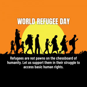 Silhouette of refugees walking towards a sunset with the text 'World Refugee Day' and a message about human rights.
