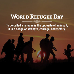 Silhouette of refugees walking towards the sunset with text 'World Refugee Day'