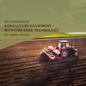 Red tractor plowing a field with text overlay 'We manufacture AGRICULTURE EQUIPMENT WITH FINE EDGE TECHNOLOGY'