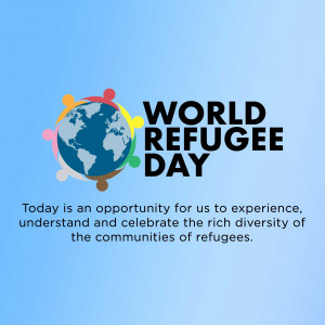 Image commemorating World Refugee Day with a globe surrounded by diverse figures.