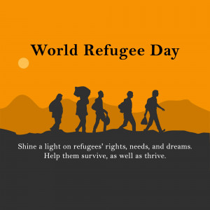 Silhouette of refugees walking towards the sunset with text 'World Refugee Day'