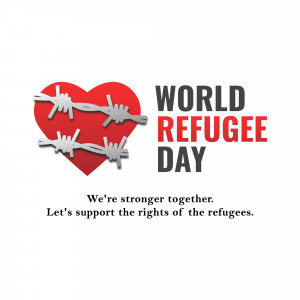 World Refugee Day graphic with a heart wrapped in barbed wire and text promoting support for refugees.