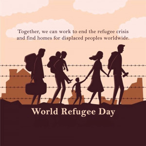 Silhouette of a refugee family walking towards the horizon with the text 'World Refugee Day' and 'Together, we can work to end the refugee crisis'.
