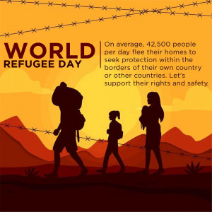 Silhouette of refugees walking towards the horizon with barbed wire in the foreground, text stating 'World Refugee Day' and statistics about displacement.