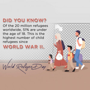 Illustration of a refugee family with text highlighting the number of child refugees worldwide.