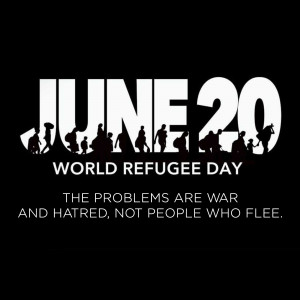 Silhouette of refugees forming the text 'June 20' with the message 'World Refugee Day' and a call to action.