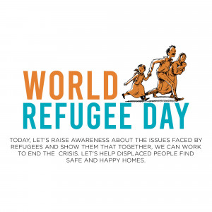 Illustration of a family running with the text 'World Refugee Day'