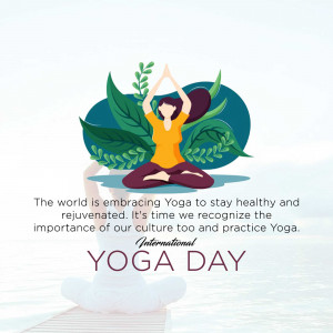 Illustration of a woman in a yoga pose with leaves and text promoting International Yoga Day.