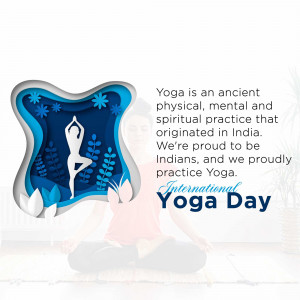 Illustration of a person in a yoga pose with text celebrating International Yoga Day.