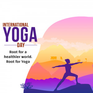 Silhouette of a person doing yoga against a sunset and mountain backdrop with International Yoga Day text.