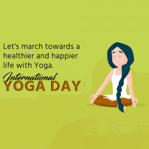 Illustration of a woman in a yoga pose with text celebrating International Yoga Day.