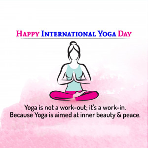 Illustration of a woman in a lotus position with text celebrating International Yoga Day.