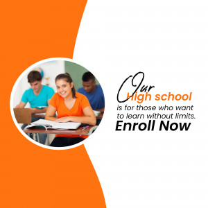 Students studying in a high school classroom with text promoting enrollment.