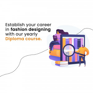 Illustration of people with books and a magnifying glass promoting a fashion designing diploma course.