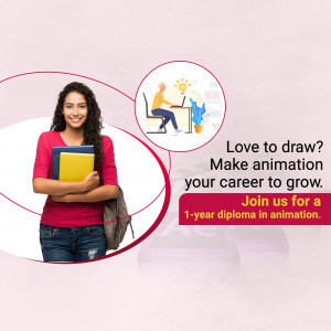 Young woman holding books with an animation graphic and text promoting a 1-year diploma in animation.
