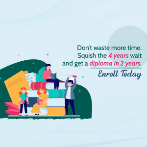 Illustration of students on a stack of books with text promoting a 2-year diploma program.