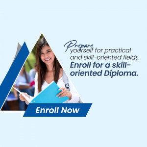 Young woman holding a folder with text promoting skill-oriented diploma enrollment.