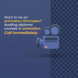 Image promoting animation filmmaking diploma courses with a film camera illustration.