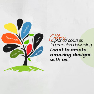 Image promoting graphics designing diploma courses with a tree design representing various design services.