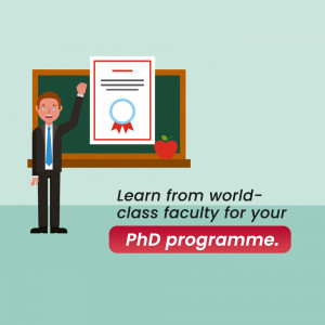 Illustration of a professor presenting a certificate with text promoting a PhD programme.