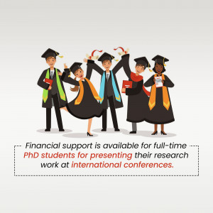 Illustration of graduating students celebrating with text about financial support for PhD research presentations.