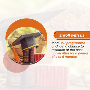 Graduation cap on books with text promoting PhD program enrollment