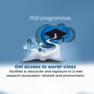 Image depicting a PhD programme with a graduation cap, books, and a staircase leading to a bright future.