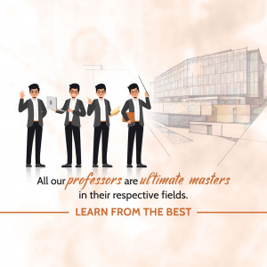 Illustration of four professors standing in front of a university building with text promoting quality education.