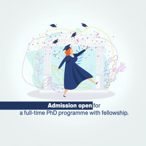 Illustration of a graduate celebrating with confetti and flying graduation caps, promoting PhD fellowship admissions.