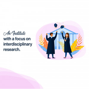 Illustration of two graduates celebrating with a thrown graduation cap in front of a university building.